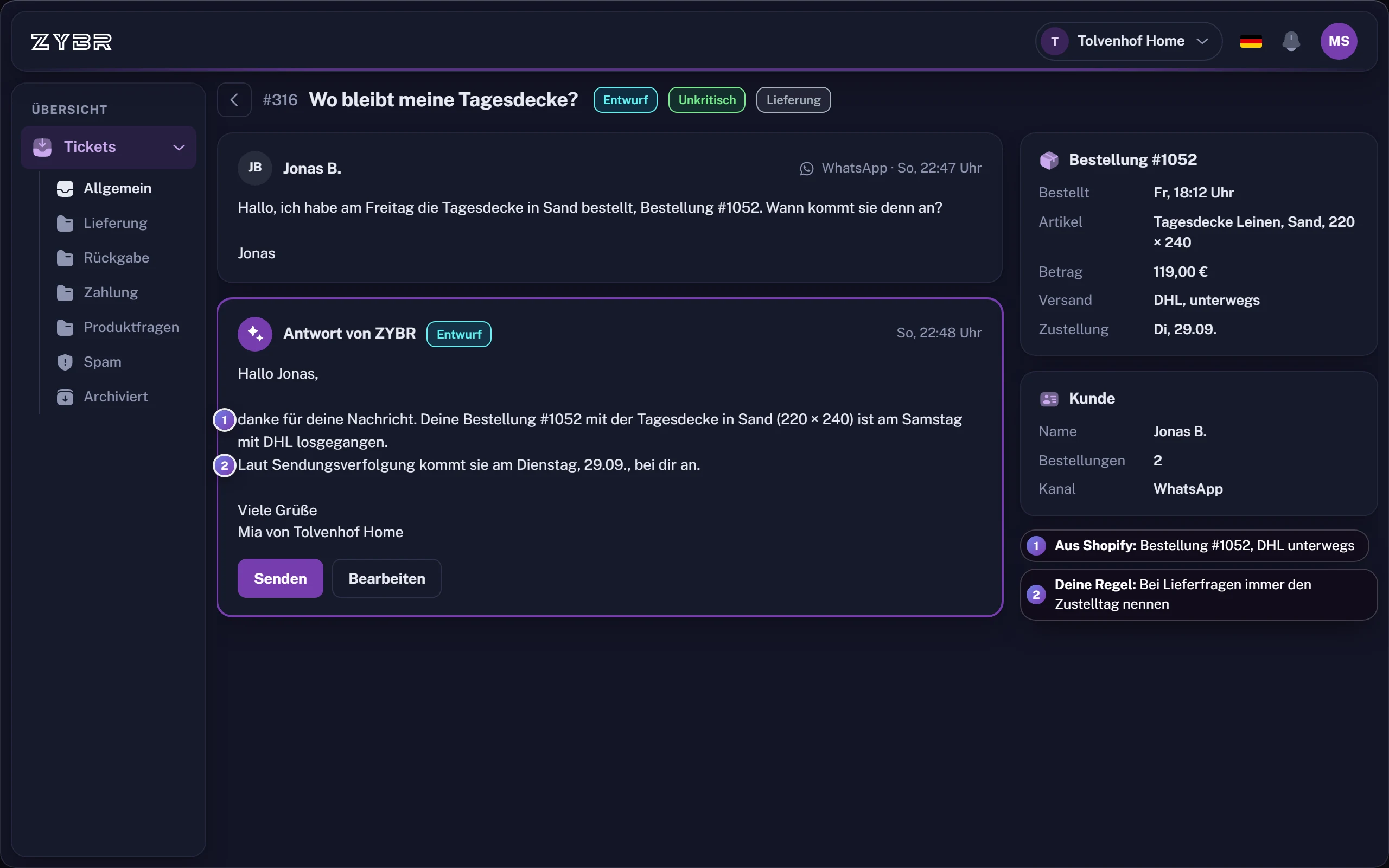 Antwortentwurf mit Bestellung und Sendungsstand aus Shopify, Beispieldaten