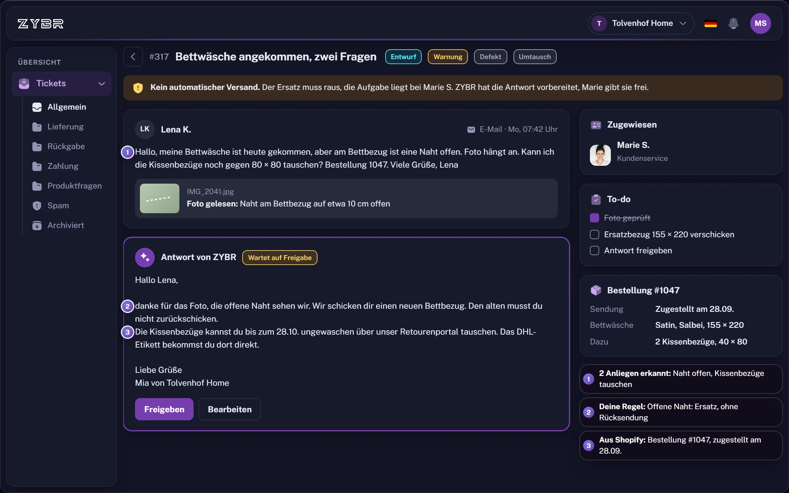 Ticket ohne automatischen Versand, die Antwort wartet auf die Freigabe des Teams, Beispieldaten