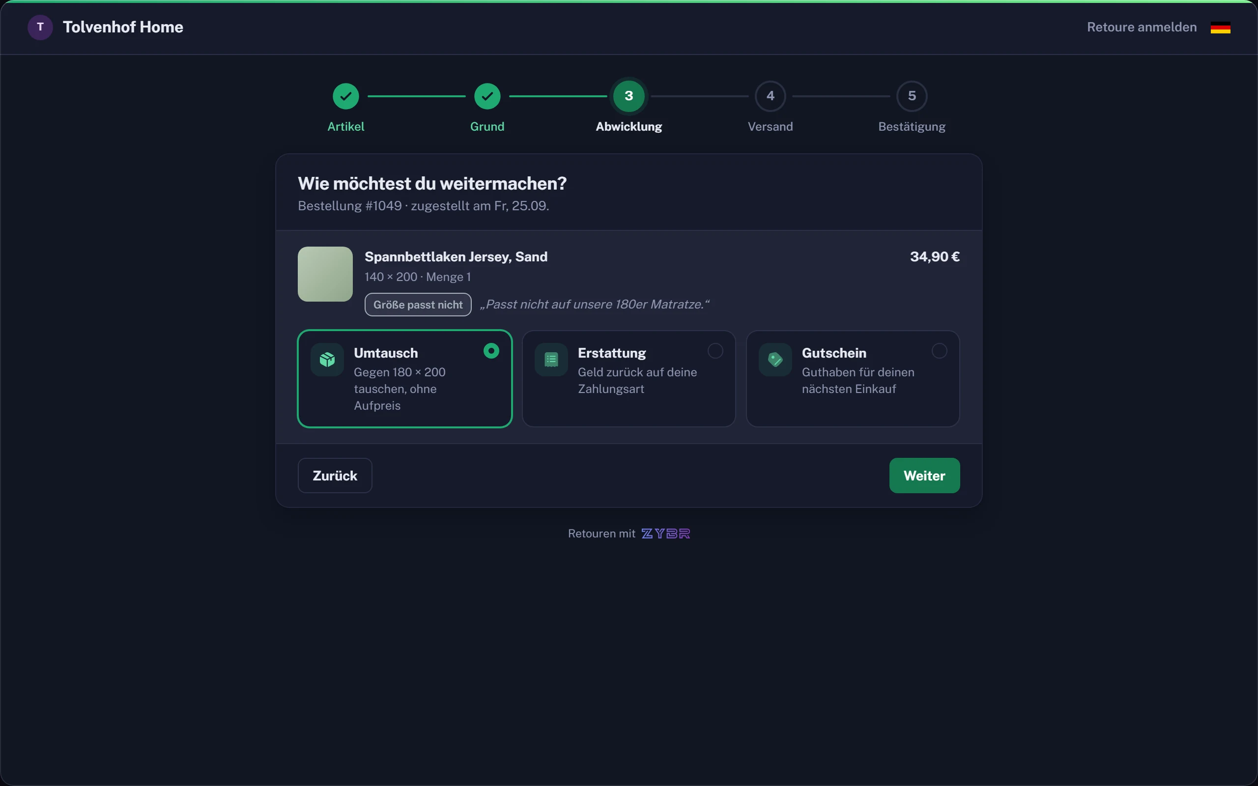 Returns portal: the customer chooses exchange, refund or store credit
