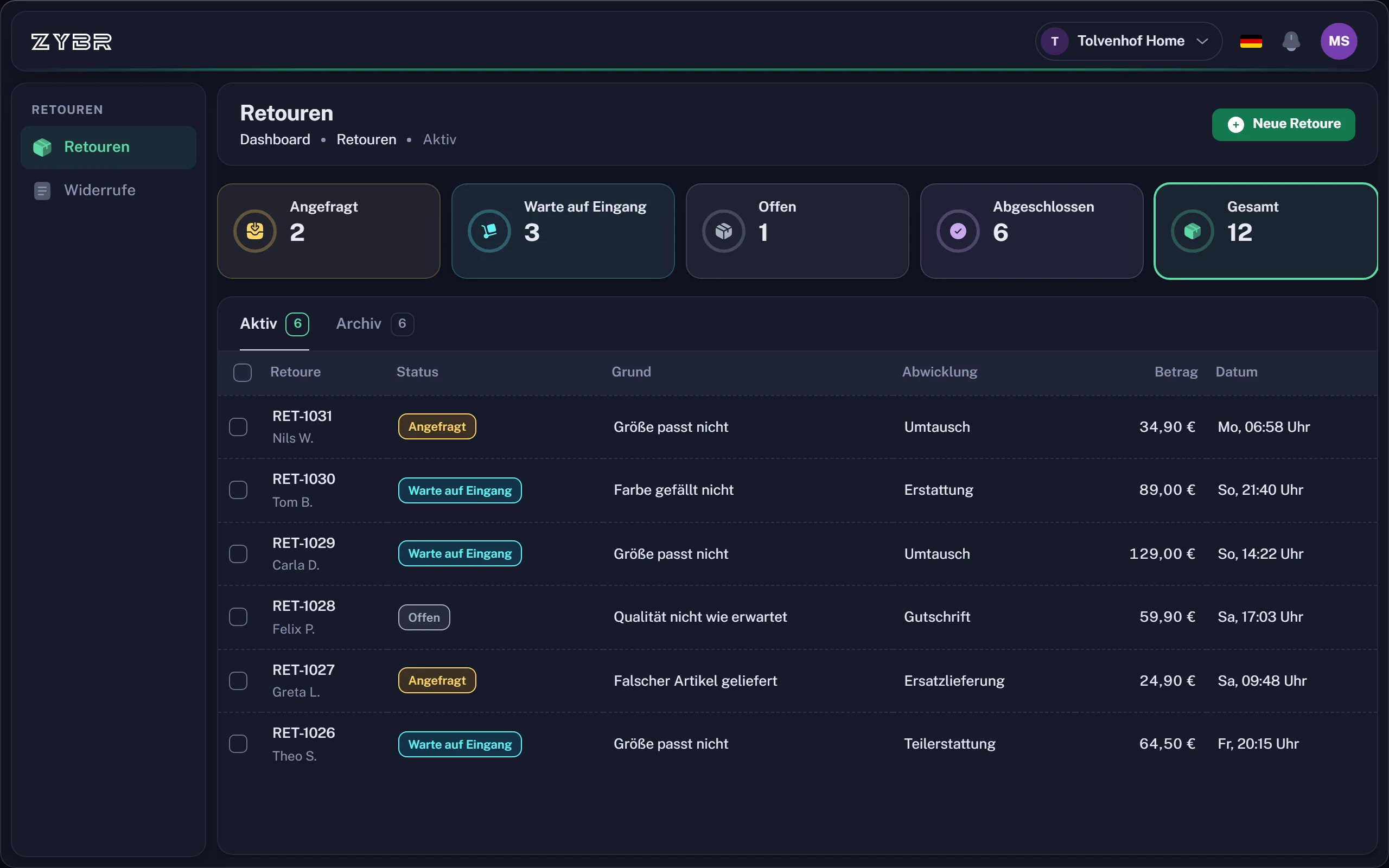 Returns in ZYBR with status, reason and processing for each return