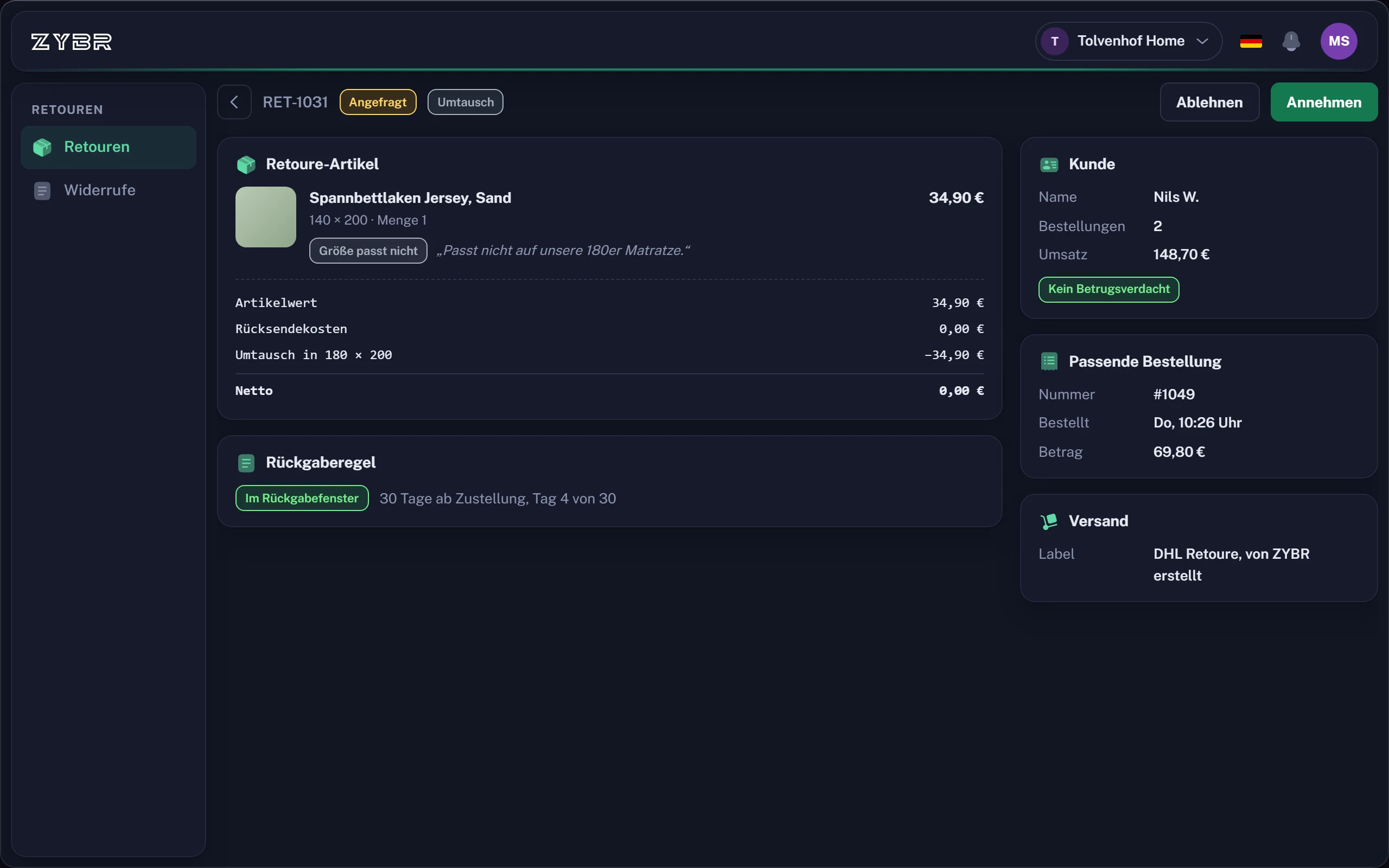 Return details in ZYBR with accept, refund calculation and DHL label